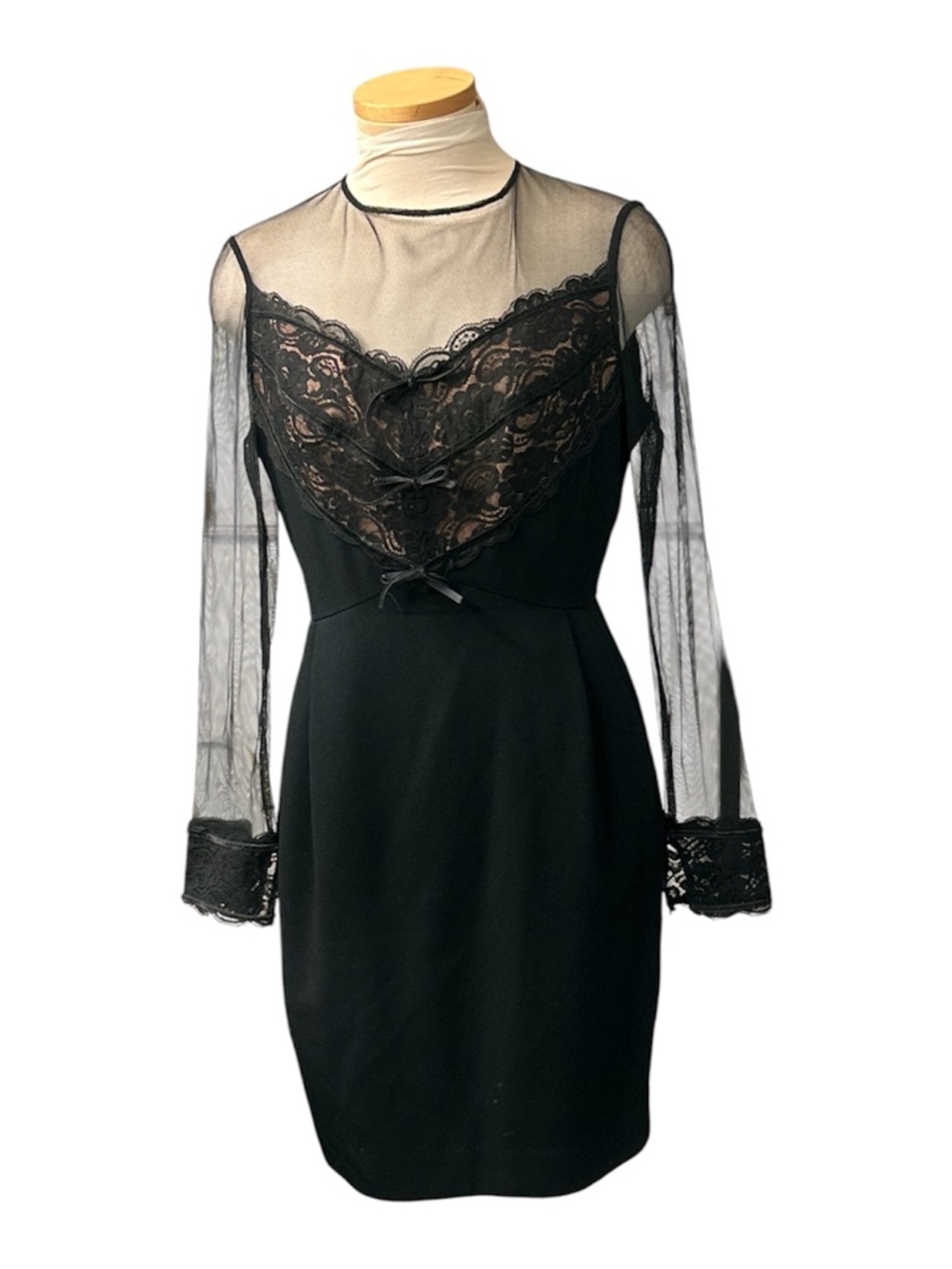 Geary Roark Kamisato Sheer Lace Yoke Black Long-Sleeve Cocktail Dress Size 8 P